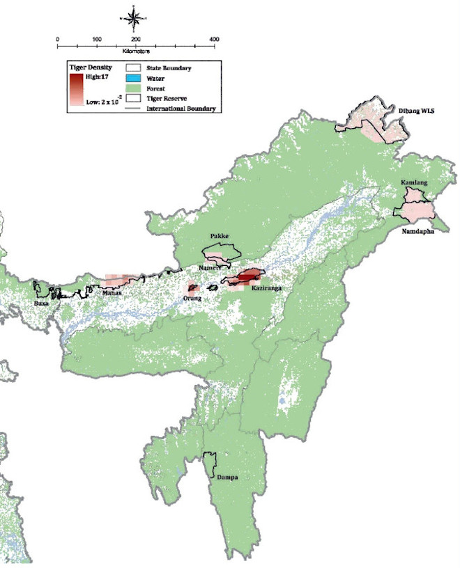 Tiger density map for north eastern hills and Brahmaputra floodplains.