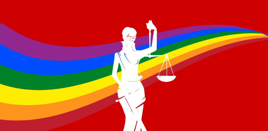 Lady Justice holding the scales of justice on a pride flag