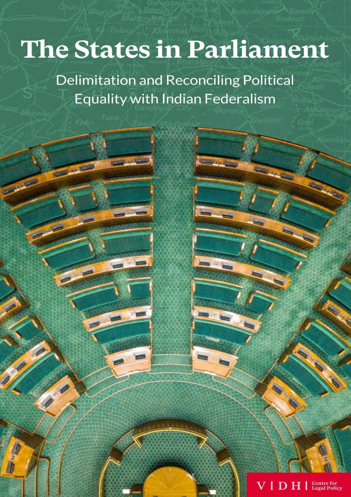 The cover of the report titled, "The States in Parliament: Delimitation and Reconciling Political Equality with Indian Federalism," depicts the seats of parliament superimposed onto the map of Indian states.