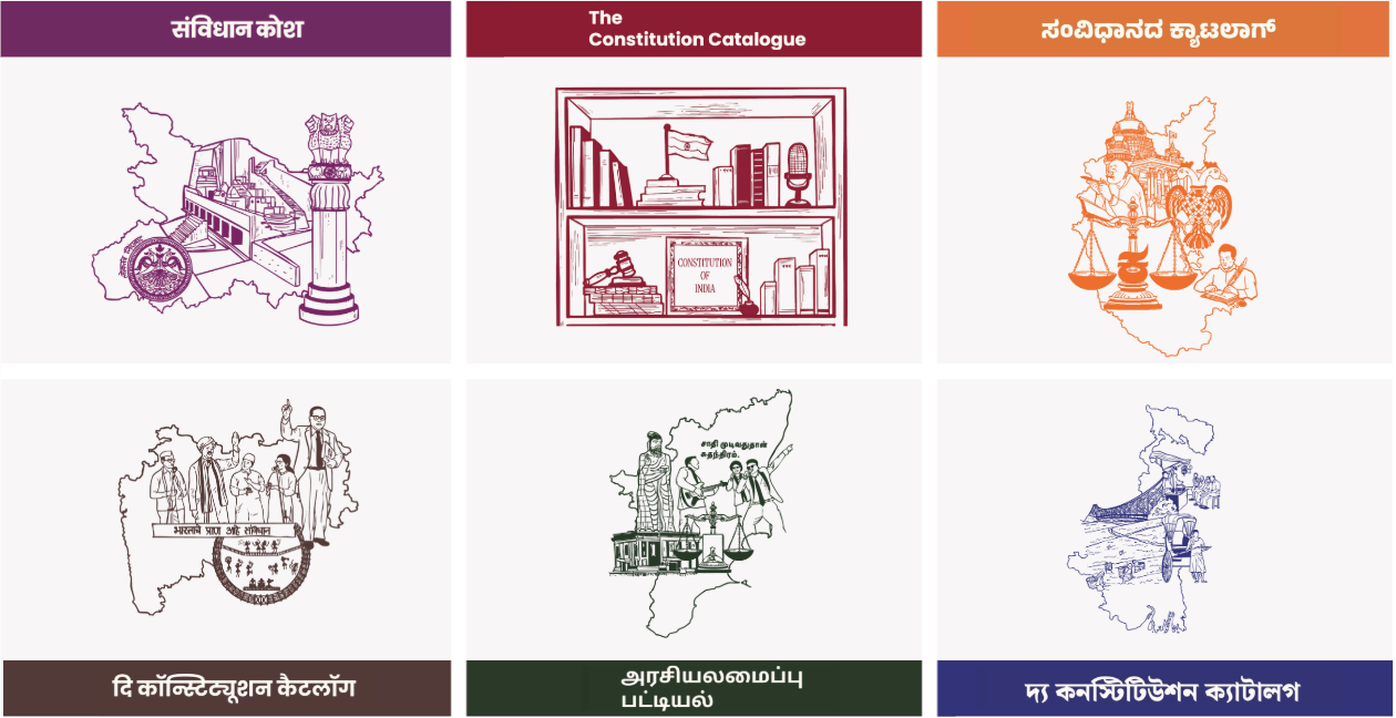 A graphic titled “The Constitution Catalogues” with the logo “VIDHI Centre for Legal Policy” at the top. The layout is a grid of six illustrated panels, each representing a different Indian state and featuring a unique line-art drawing related to constitutional themes. Top row, from left to right: Bihar (Hindi) – A maroon illustration of the Bihar state outline containing images of the state legislature building, the Ashoka pillar capital, and the state emblem. Central (English) – A maroon illustration of a bookshelf filled with books and constitutional symbols including the Indian flag, a gavel, microphones, scales of justice, and a framed copy of the “Constitution of India.” The label reads “The Constitution Catalogue.” Karnataka (Kannada) – An orange illustration of Karnataka’s outline featuring people, legal symbols, and scales of justice. Bottom row, from left to right: 4. Maharashtra (Marathi) – A maroon illustration of Maharashtra’s outline featuring Ambedkar, historical figures, and the state emblem. 5. Tamil Nadu (Tamil) – A green illustration of Tamil Nadu’s outline with figures including reformers and leaders, placed around a government building. 6. West Bengal (Bengali) – A blue illustration of West Bengal’s outline showing the Howrah Bridge, people, and civic/constitutional symbols.