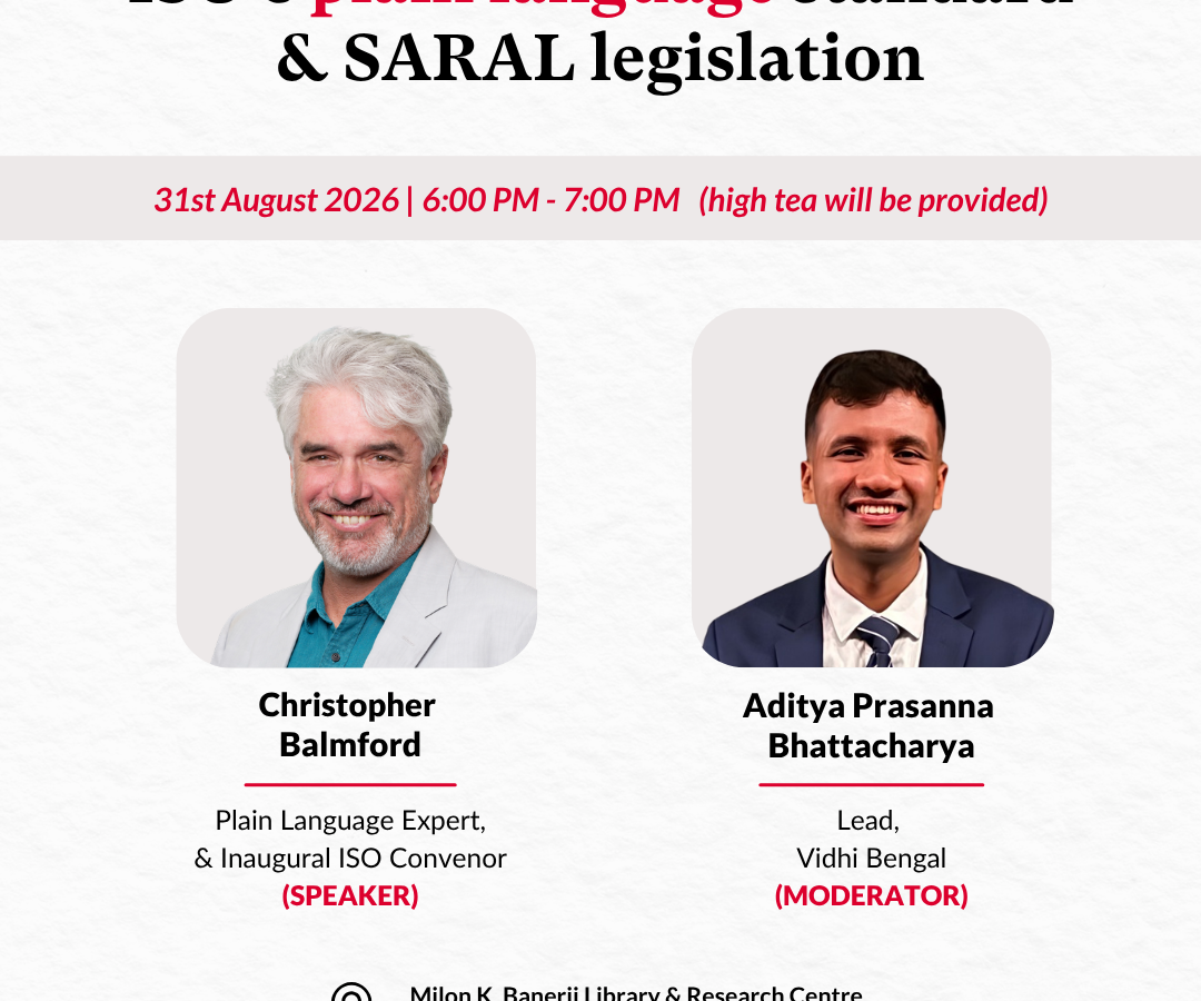 Event poster for Vidhi Centre's event on ISO's Plain Language Standard & SARAL Legislation featuring the speaker and moderator's image.